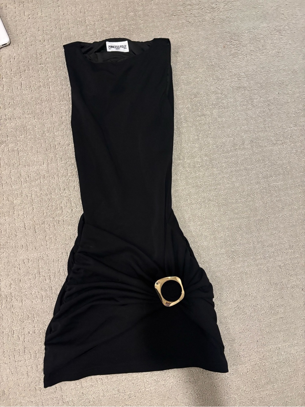 Black Ruched Midi Dress with Gold Accent by Princess Polly size 2